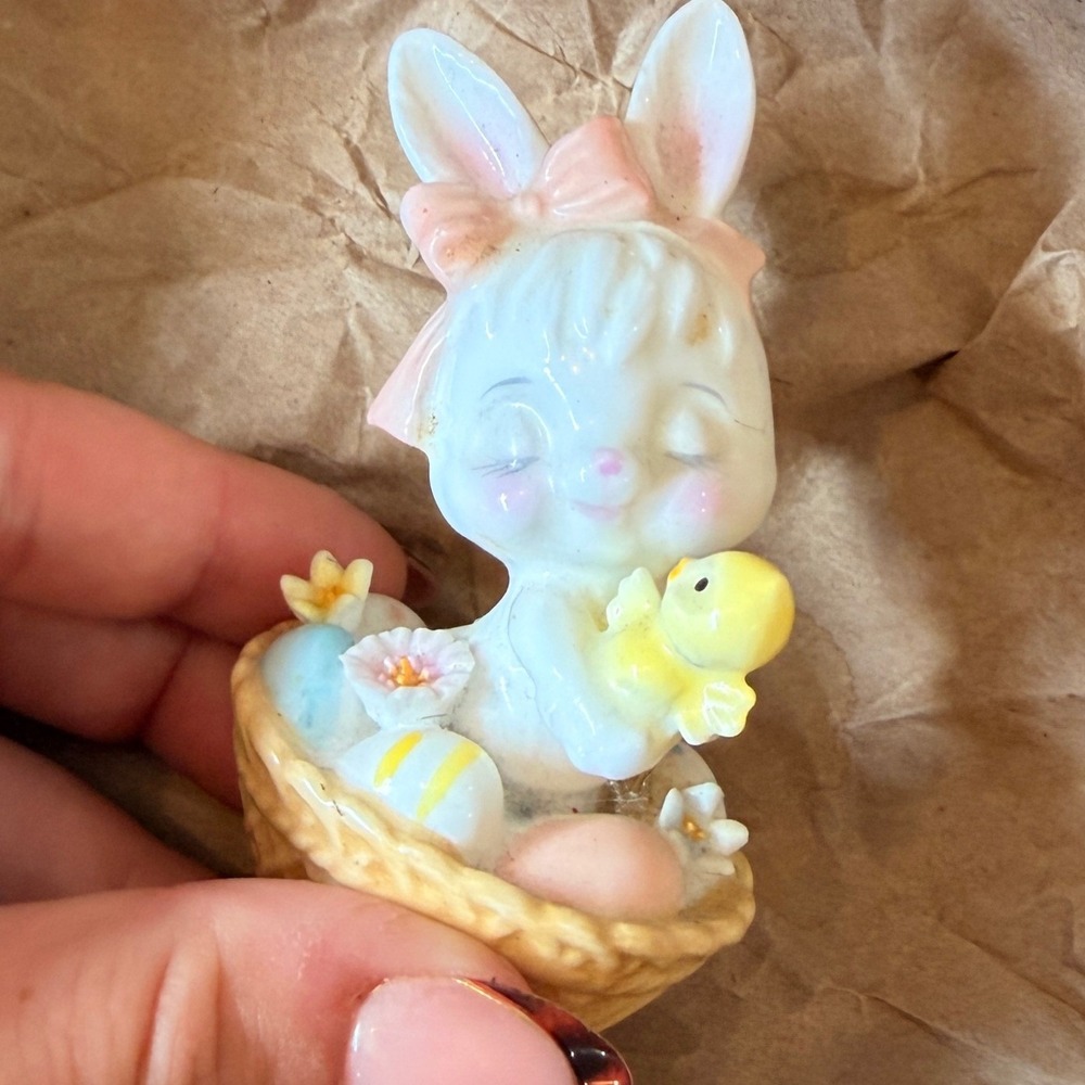 Vintage Napcoware Bone China Easter Bunny Chick in Basket Figurine Japan